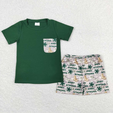 BSSO0701 RTS baby boy clothes green pocket army strong toddler boy summer outfits
