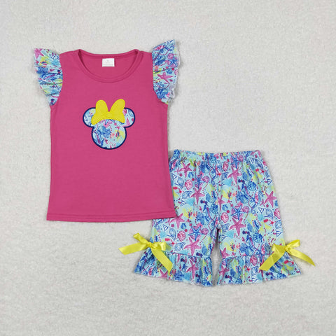 GSSO0629 RTS baby girl clothes embroidery seahorse cartoon mouse toddler girl summer outfit 1