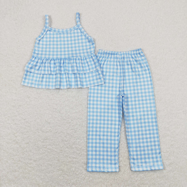 GSPO1378 RTS baby girl clothes blue plaid girls spring summer outfit