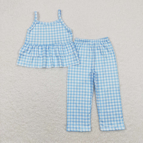 GSPO1378 RTS baby girl clothes blue plaid girls spring summer outfit