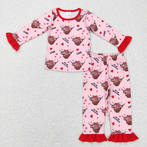 GLP0998 baby girl clothes highland cow love be my valentine girl valentines day pajamas set