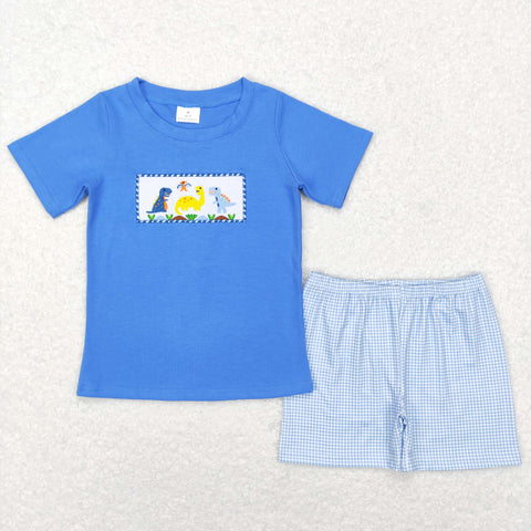 BSSO0293 baby boy clothes blue dinosaur embroidery boy summer shorts set