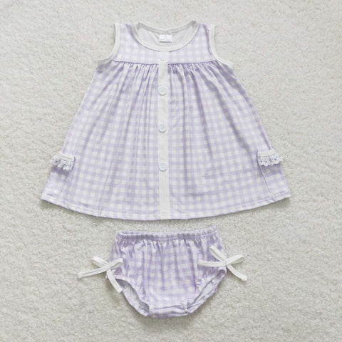 GBO0260 RTS baby girl clothes purple plaid girl summer bummies sets