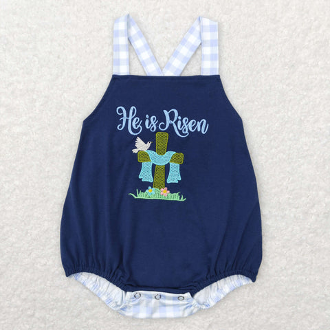 SR0565 baby boy clothes he is risen embroidery cross boy easter bubble toddler easter clothes