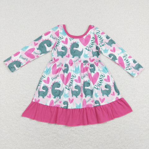 GLD0491 baby girl clothes girl valentines day dress heart dinosaur  toddler winter dress