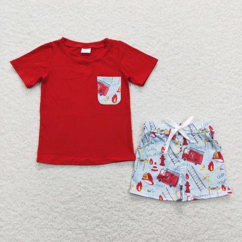 BSSO0557 baby boy clothes fire truck boy summer outfit toddler boy summer shorts set