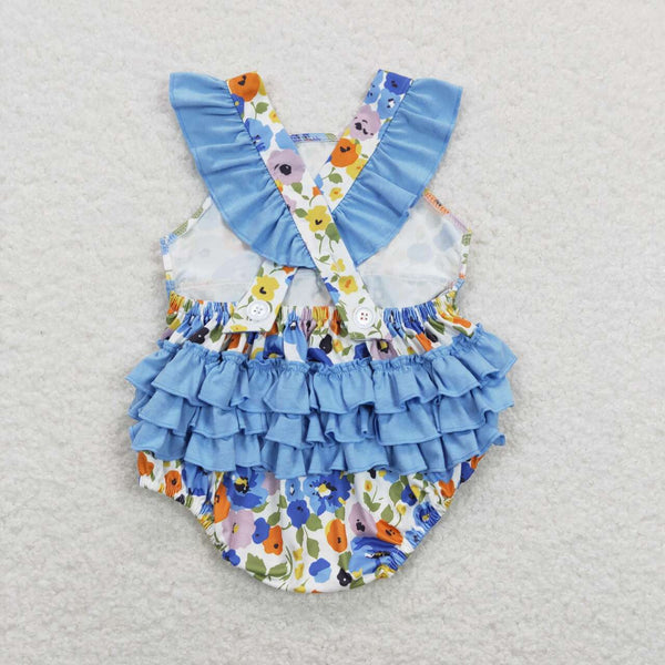 SR0824 baby girl clothes blue floral girl flower blue romper toddler summer bubble