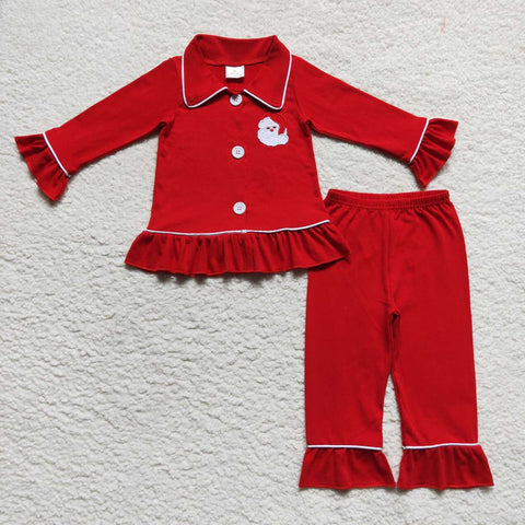 GLP0699 toddler girl clothes girl christmas outfit red santa claus embroidery girl christmas pajamas set