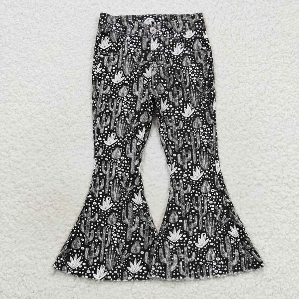 P0158 kids clothes girls cactus black bell bottom jeans flare pant