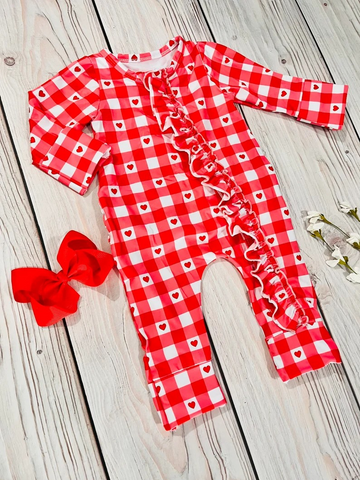 LR0832 baby gril clothes red plaid heart zipper girl valentines day romper