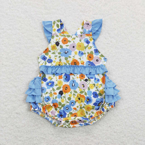 SR0824 baby girl clothes blue floral girl flower blue romper toddler summer bubble