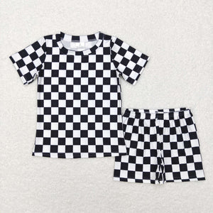 BSSO0327 baby boy clothes black plaid  boy summer shorts set