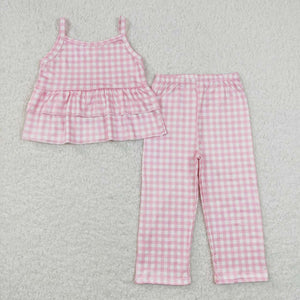 GSPO1380 baby girl clothes pink plaid girls spring summer outfit fall set
