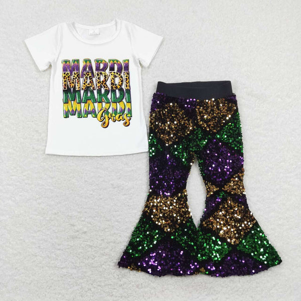 GSPO1383 baby girl clothes sequin bell bottom pant set toddler mardi gras outfit baby mardi gras clothes