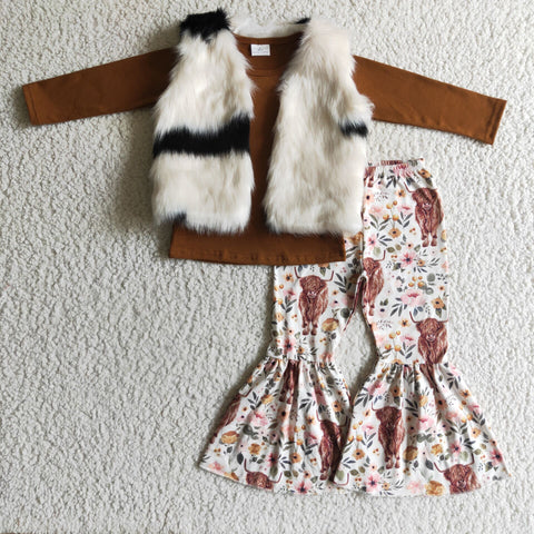 white fur vest brown cow baby girl clothes winter outfits