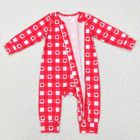 LR0832 baby gril clothes red plaid heart zipper girl valentines day romper 1