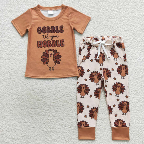 BSPO0119 toddler boy clothes brown gobble hobble turkey boy thanksgiving outfit