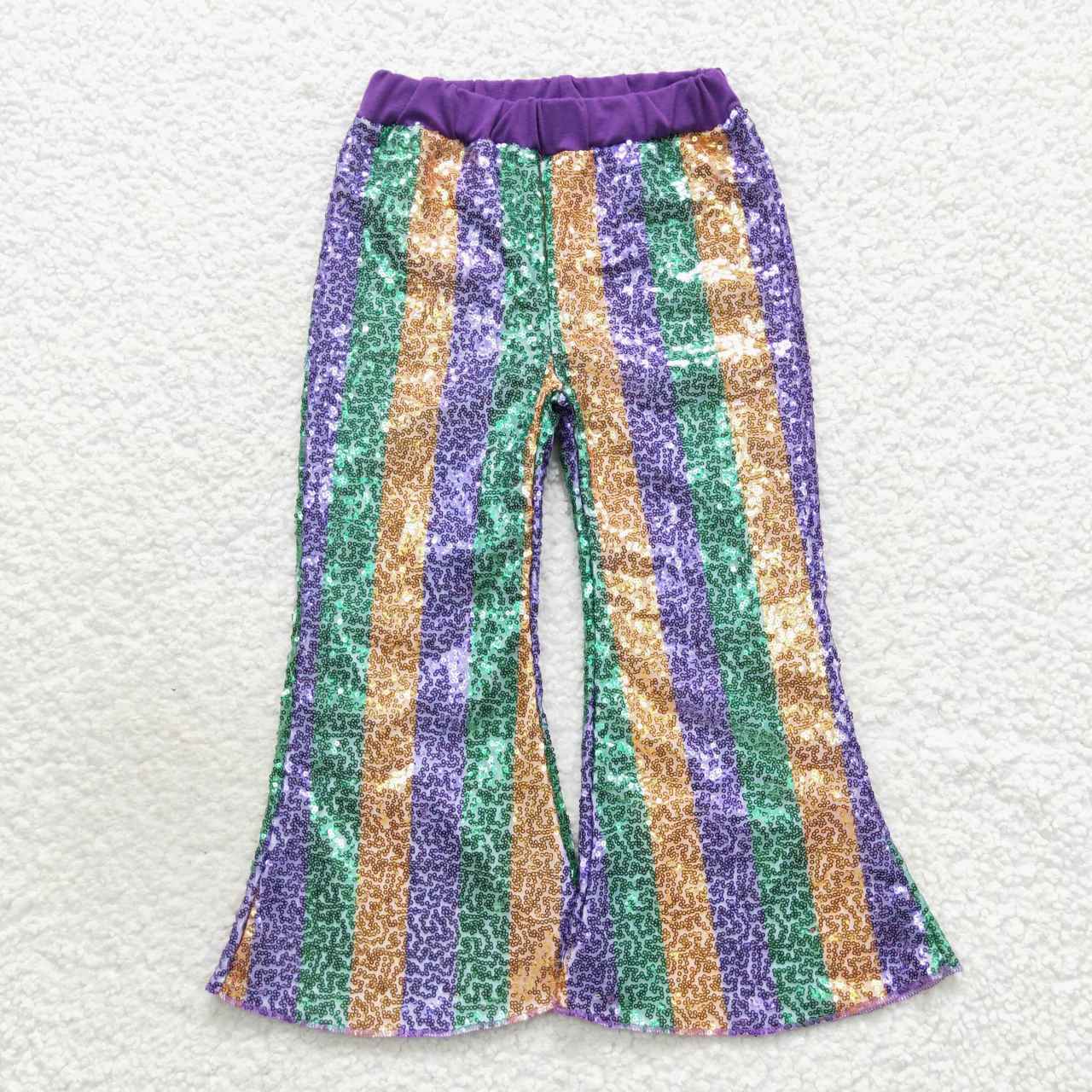 P0277 kids clothes girls stripe Mardi Gras purple gold sequin bell bottom pant