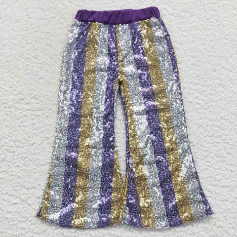 P0276 kids clothes girls stripe Mardi Gras purple gold sequin bell bottom pant
