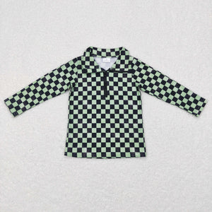 BT0399 baby boy boy clothes green plaid winter zipper top shirt pullover
