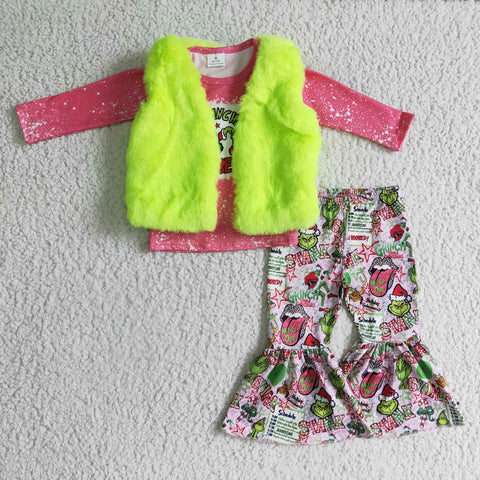 kids clothes girls green fur vest christmas outfits