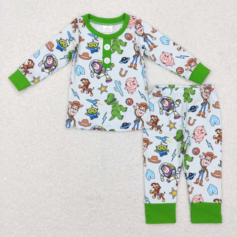 BLP0411 toddler boy clothes green cartoon boy winter pajamas set