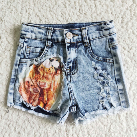 Highland Cow Print Waistband Ripped Jeans Baby Girls Denim Shorts
