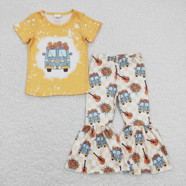 GSPO1369 baby girl clothes guitar bus girls bell bottoms outfit yellow back to school clothes
