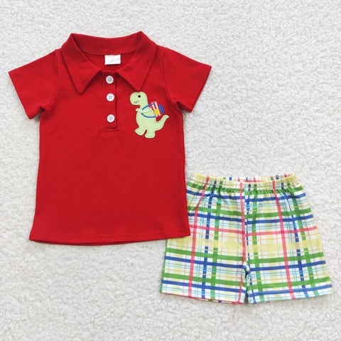 BSSO0255 toddler girl clothes red embroidery dinosaur back to school boy shorts set