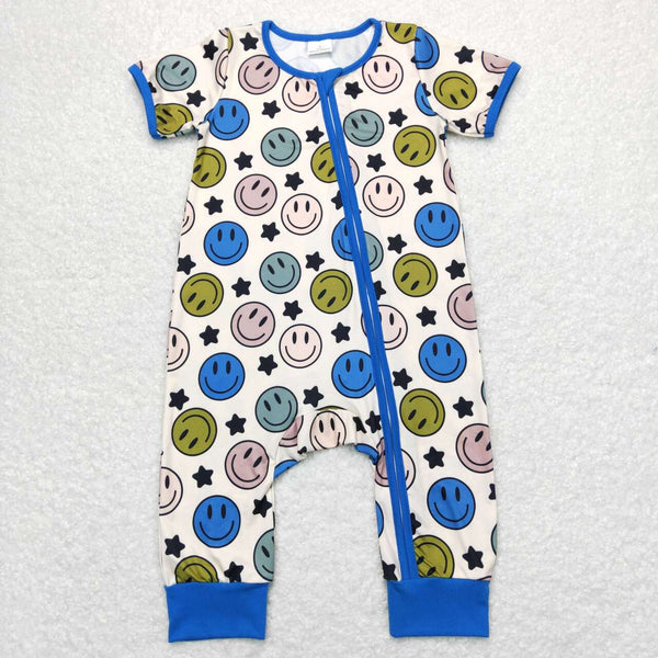 SR0944 baby boy clothes smiley star zipper blue boy summer romper