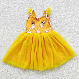 GSD0356 kids clothes girls yellow tulle dress girl party dress