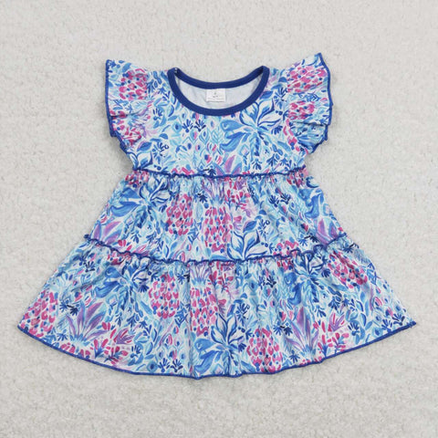 GT0474 baby girl clothes blue flower girl summer top ruffles tunic shirt