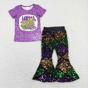 GSPO1384 baby girl clothes sequin bell bottom pant set toddler mardi gras outfit baby mardi gras clothes