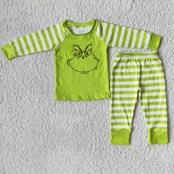 6 B7-2 Boy green stripe Christmas pajamas winter long sleeve set outfit