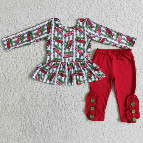 girls christmas red tree truck red pants winter set