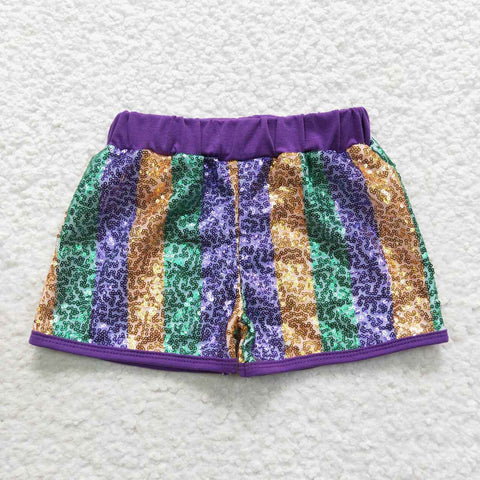 SS0116 kids clothes girls stripe Mardi Gras purple gold sequin shorts