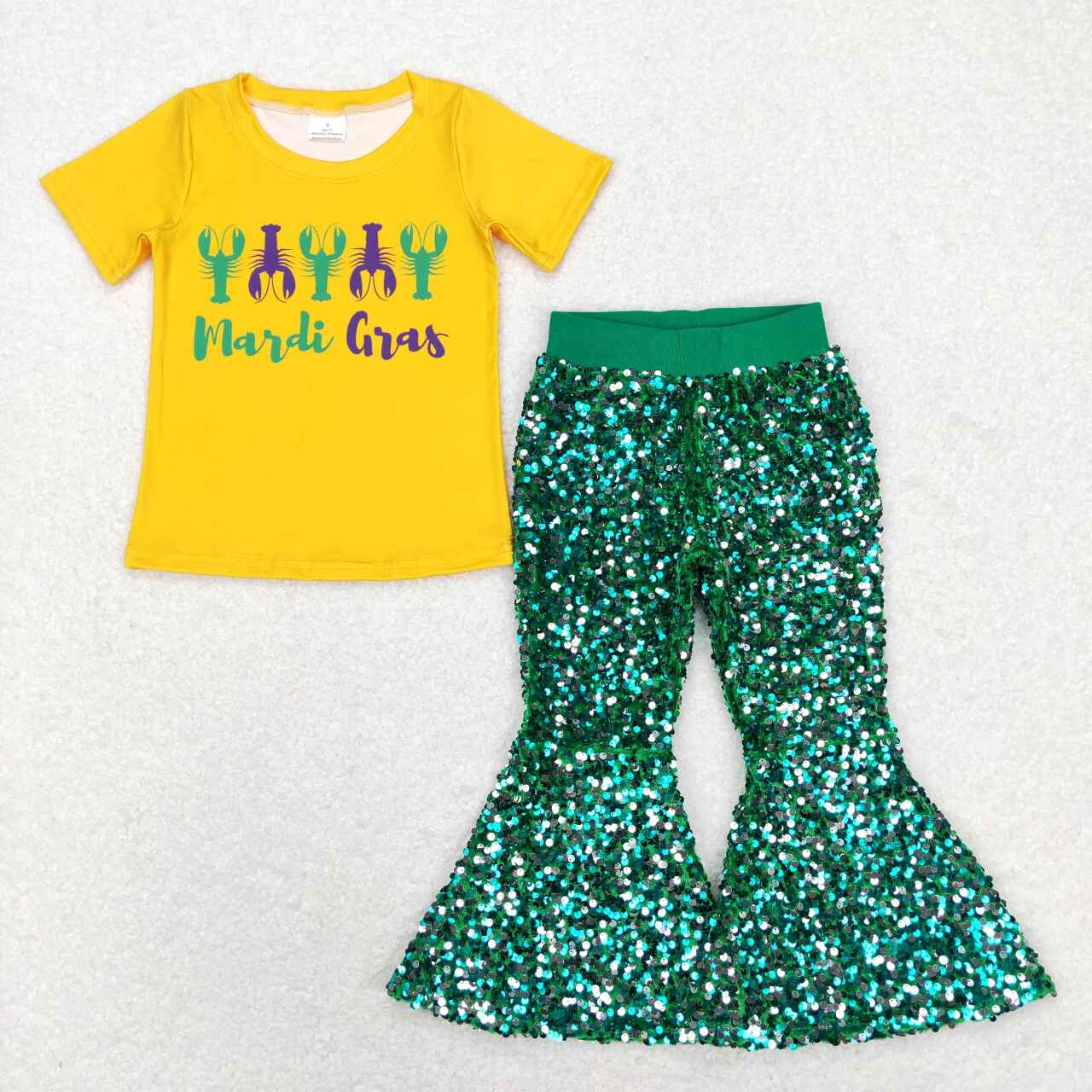 GSPO1357 baby girl clothes girl mardi gras outfit toddler green sequin pant set birthday party wear