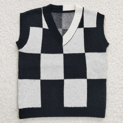GT0187 kids clothes girls black plaid winter sweater vest