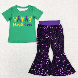 GSPO1355 baby girl clothes girl mardi gras outfit toddler purple sequin pant set birthday party wear