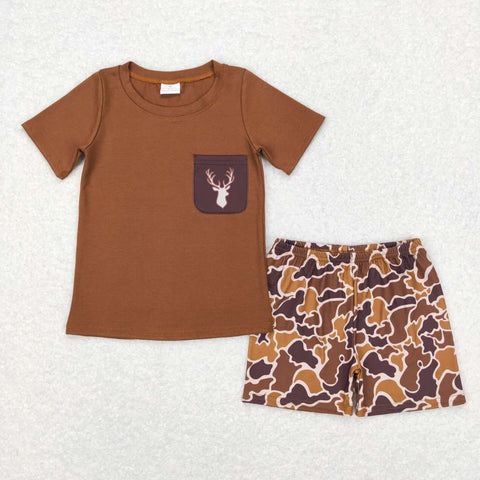 BSSO0302 RTS baby boy clothes brown dear camouflage hunting camo boy summer shorts set
