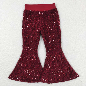 P0338 baby girl clothes girl sequin pant dark red bell bottom pant