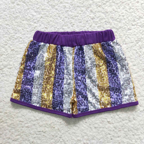 SS0115 kids clothes girls stripe Mardi Gras purple gold sequin shorts