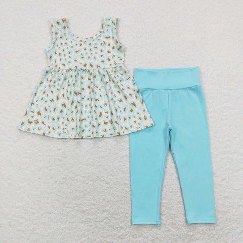 GSPO1177 baby girl clothes blue leopard print sleeveless girl fall outfit toddler spring set  summer clothing set