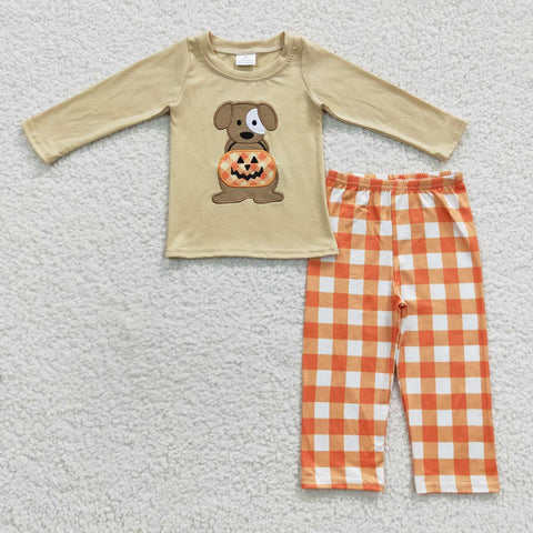 BLP0170 toddler boy clothes dog pumpkin embroidery boy halloween outfit