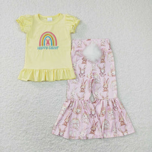 GSPO1345 baby girl clothes happy bunny embroidery girls easter bell bottoms outfit