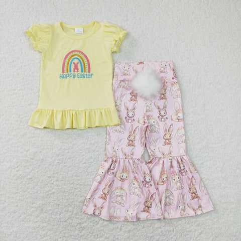 GSPO1345 baby girl clothes happy bunny embroidery girls easter bell bottoms outfit