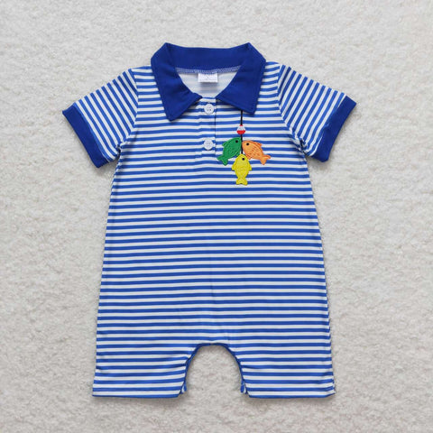 SR1045 RTS baby boy clothes embroidery fishing toddler boy summer romper