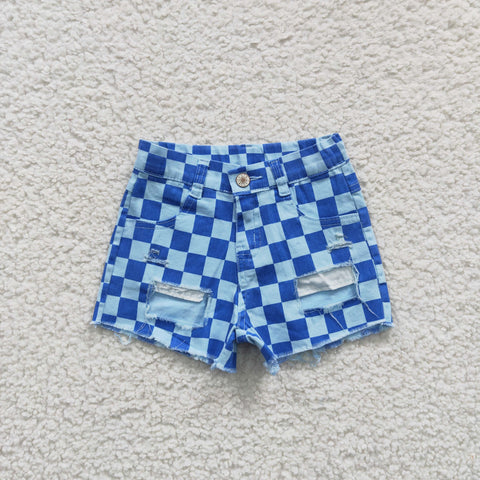 Blue denim checkerd distressed children shorts