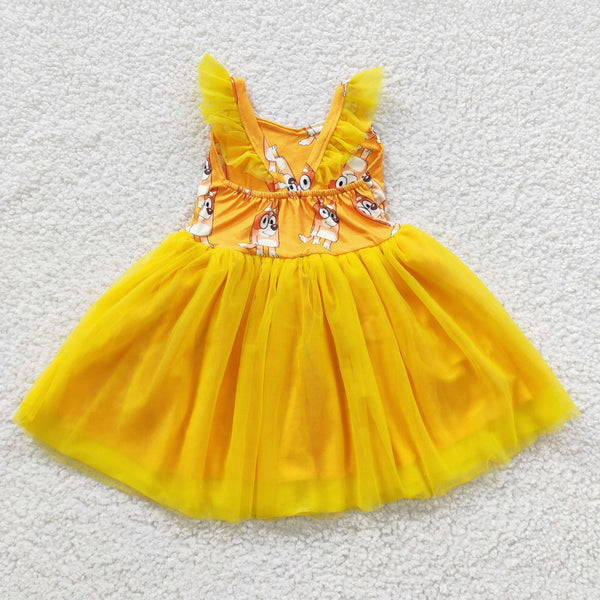 GSD0356 kids clothes girls yellow tulle dress girl party dress
