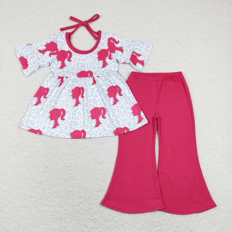 GSPO1187 baby girl clothes hot pink  leopard print bell bottoms outfits fall spring set